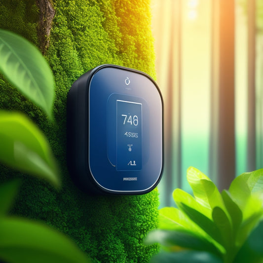 An illustration of a modern, sleek thermostat with a subtle electric vehicle icon integrated into its design, set against a clean, minimalist background with a faint grid pattern, surrounded by lush greenery.