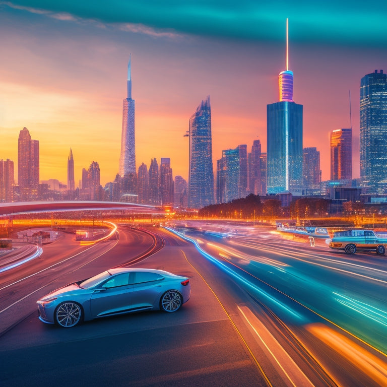 A futuristic cityscape at dusk with sleek, aerodynamic electric cars zooming past a backdrop of neon-lit skyscrapers, with charging stations and wind turbines in the distance.