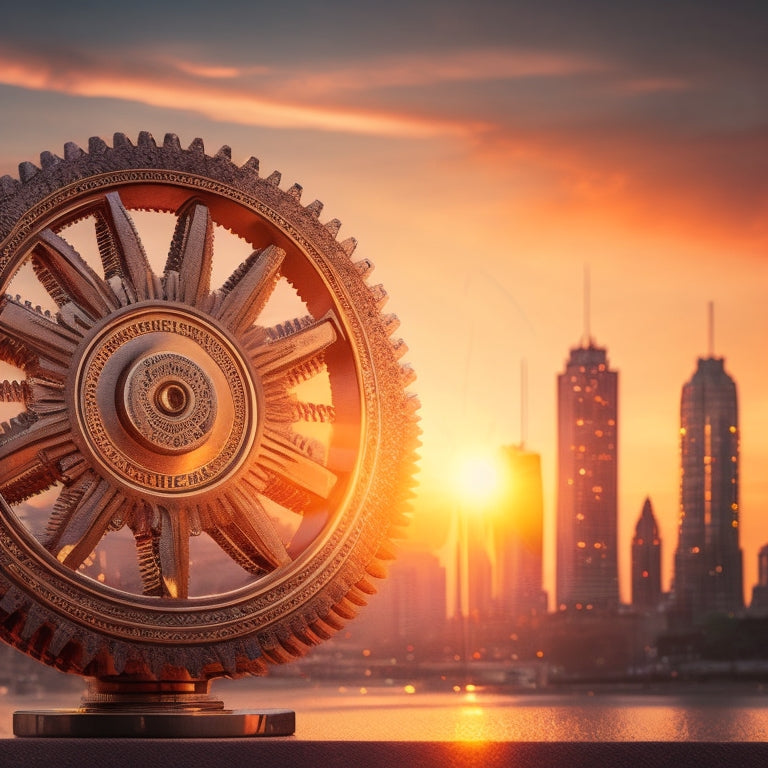 An illustration of a stylized, modern Indian rupee symbol made up of gears, cogs, and wheels, set against a subtle, gradient background of a cityscape at sunset.