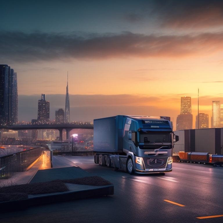 A futuristic cityscape at dusk with a sleek Volvo VNR Electric truck in the foreground, its electric motor humming, surrounded by delivery robots and drones buzzing around it.