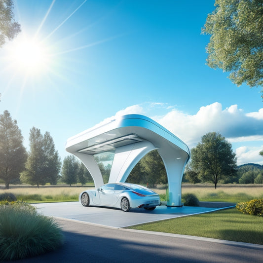 A futuristic, modern EV charging station with sleek, silver pillars and a curved, translucent roof, surrounded by lush greenery and a bright blue sky with a few puffy white clouds.