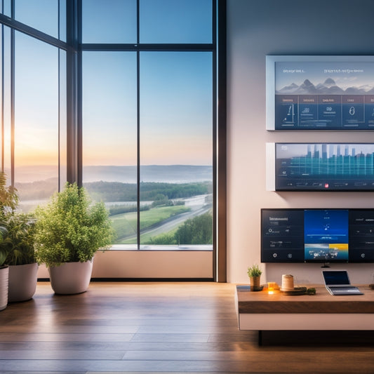 A modern smart home interior with a large tablet displaying a dashboard of energy usage graphs and charts, surrounded by various smart devices and a cityscape visible through the window.