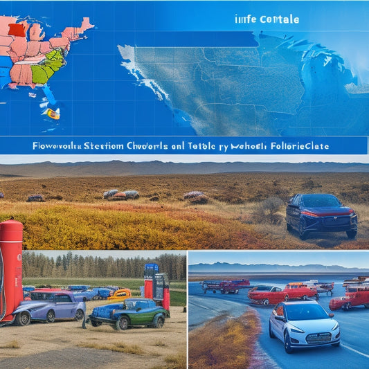 A split-screen image with a red state map on the left, featuring few electric vehicles and sparse charging stations, and a blue state map on the right, crowded with EVs and dense charging networks.