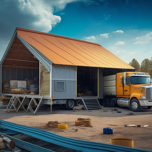 An illustration of a semi-trailer with a damaged roof, contrasted with a repaired roof in the background, showcasing various affordable roofing materials and tools scattered around.