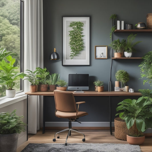 A minimalist home office with a sleek, wall-mounted desk and a ergonomic chair, surrounded by lush greenery, with a vertical garden and a small, potted plant on the shelf.