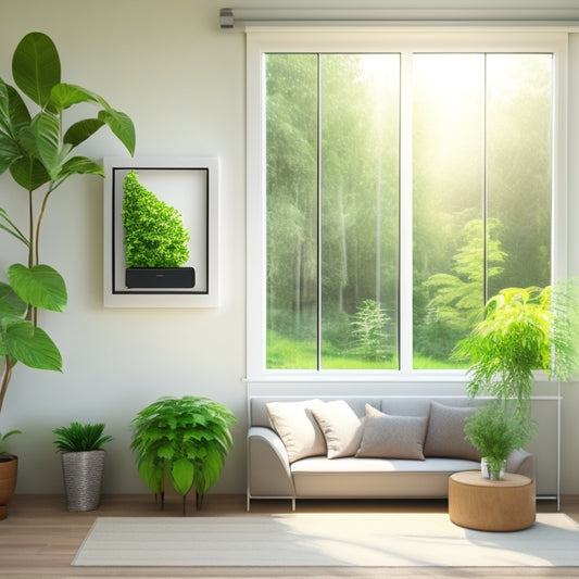 An illustration of a modern, eco-friendly home with a subtle temperature gauge in the corner, showcasing a mini-split AC unit on the wall, surrounded by lush greenery and a sunny window.