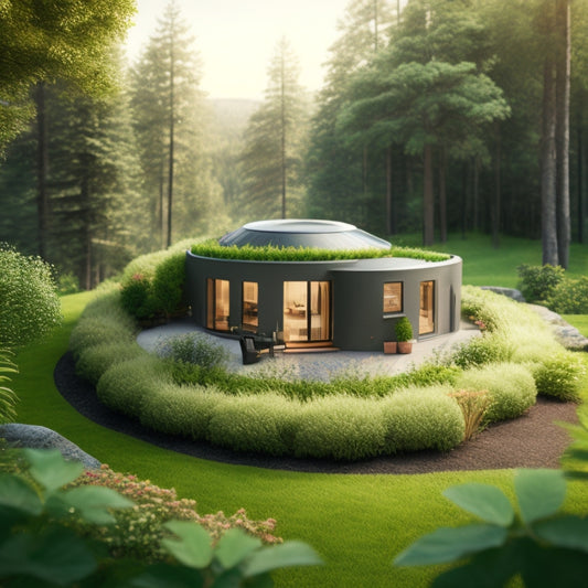 An illustration of a modern, eco-friendly home with a geothermal heating system, surrounded by lush greenery, featuring a subtle background of coins and leaves, symbolizing savings and sustainability.