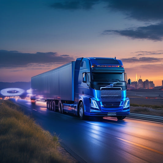 A futuristic, sleek, electric Volvo semi-truck drives down a highway at dusk, surrounded by a blurred cityscape, with bright blue electric sparks emanating from the wheels and chassis.