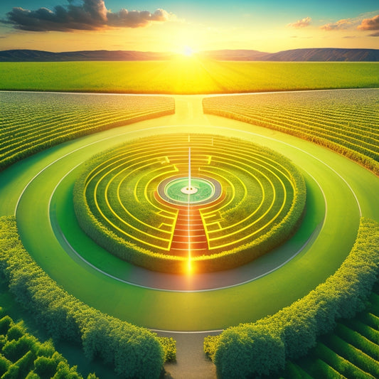 An illustration depicting a maze with a glowing green pathway, surrounded by renewable energy symbols (solar panels, wind turbines, etc.), with a compass in the center, pointing towards a bright, sunny horizon.