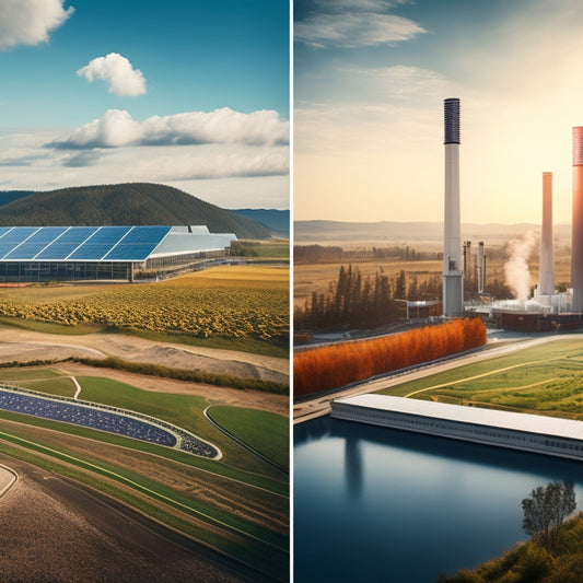 An illustration of a split-screen landscape: a geothermal power plant with steam rising from pipes amidst lush greenery on one side, and a solar farm with rows of sleek panels on the other.