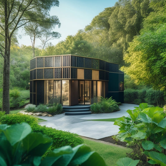 A serene, modern home exterior with a façade composed of interlocking, hexagonal panels made from recycled plastic and plant-based materials, set amidst lush greenery and surrounded by reclaimed wooden accents.