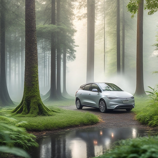 A serene, misty morning scene featuring a sleek, silver electric vehicle parked in front of a lush, vibrant green forest, surrounded by eco-friendly cleaning products and a few strategically placed leaves.