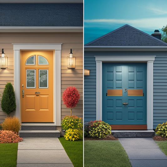 An illustration of a suburban home with two identical doors side by side, one made of fiberglass and the other of vinyl, with subtle energy-efficient icons and thermal insulation visual cues.