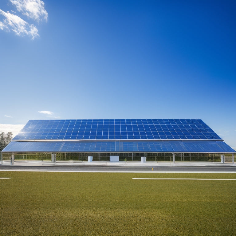 A serene and modern commercial building with a sleek, silver roof, covered in a neat grid of photovoltaic panels, set against a bright blue sky with a few puffy white clouds.