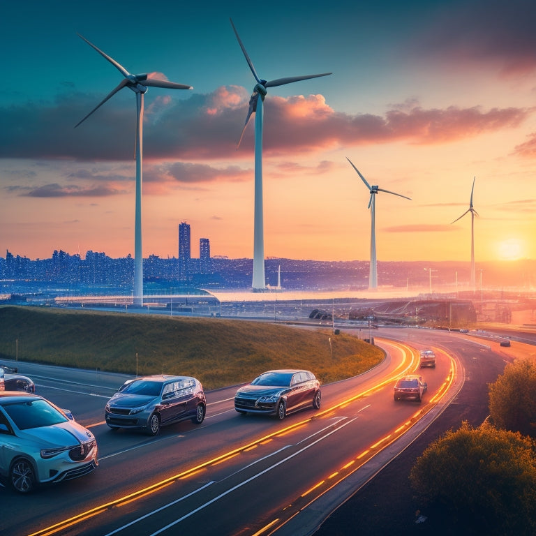 A futuristic cityscape at dusk with sleek electric vehicles zooming by, surrounded by glowing charging stations, wind turbines, and solar panels, set against a vibrant blue and green gradient sky.