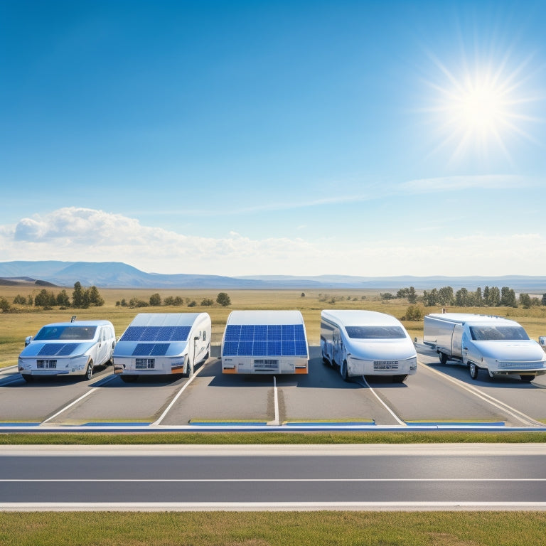 A futuristic landscape with five commercial vehicles (semi-truck, van, bus, delivery truck, and RV) parked in a row, each with a sleek, high-tech solar panel system installed on its roof, under a bright blue sky with fluffy white clouds.