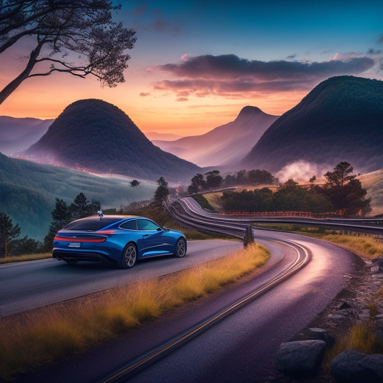 An illustration of a scenic Virginia landscape with rolling hills, blue mountains, and a winding road, featuring a sleek electric vehicle in the foreground, surrounded by sparks and light trails.