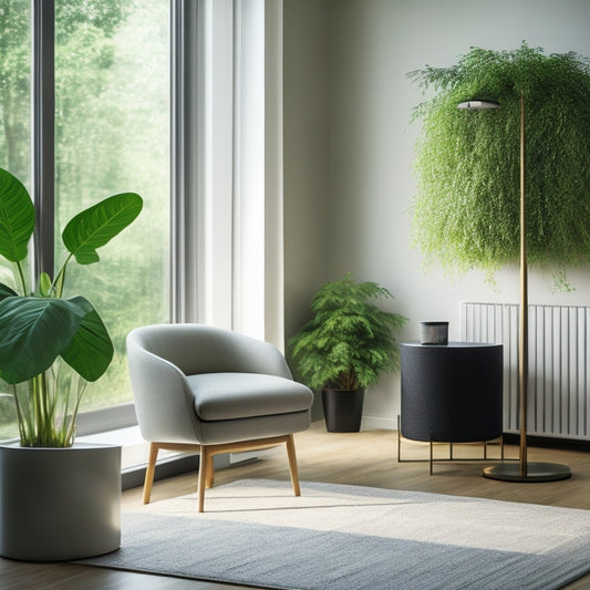 A serene, modern living room with a minimalist aesthetic, featuring a sleek air purifier in the corner, surrounded by lush green plants, and a subtle warm glow emanating from a floor lamp.