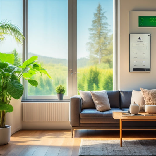 A modern living room with a large window, a sleek AI thermostat on the wall, and a smartphone displaying an energy usage graph, surrounded by subtle greenery and soft, natural light.