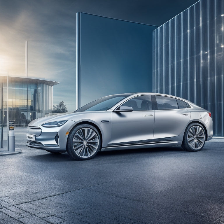 An illustration of a sleek, silver electric car parked in front of a modern, minimalist background, surrounded by subtle, swirling patterns of electric circuits and battery symbols.