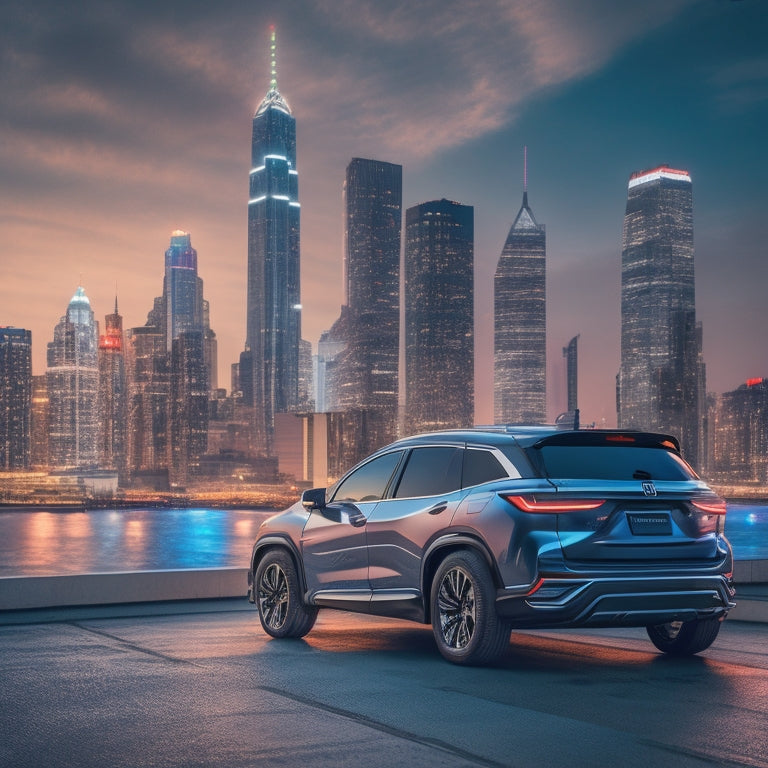 A futuristic cityscape at dusk with a sleek, silver Honda electric SUV parked in the foreground, surrounded by neon lights and towering skyscrapers, with a subtle electric circuit pattern overlay.