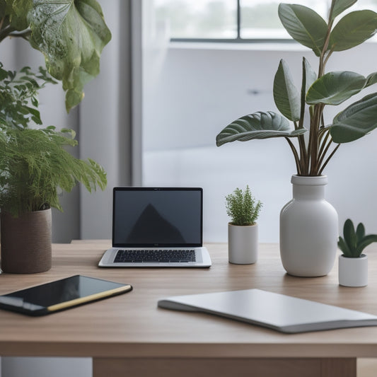 A minimalist home interior with a sleek laptop and smartphone on a wooden desk, surrounded by potted plants, a reusable water bottle, and a few eco-friendly cleaning products in modern, recyclable packaging.