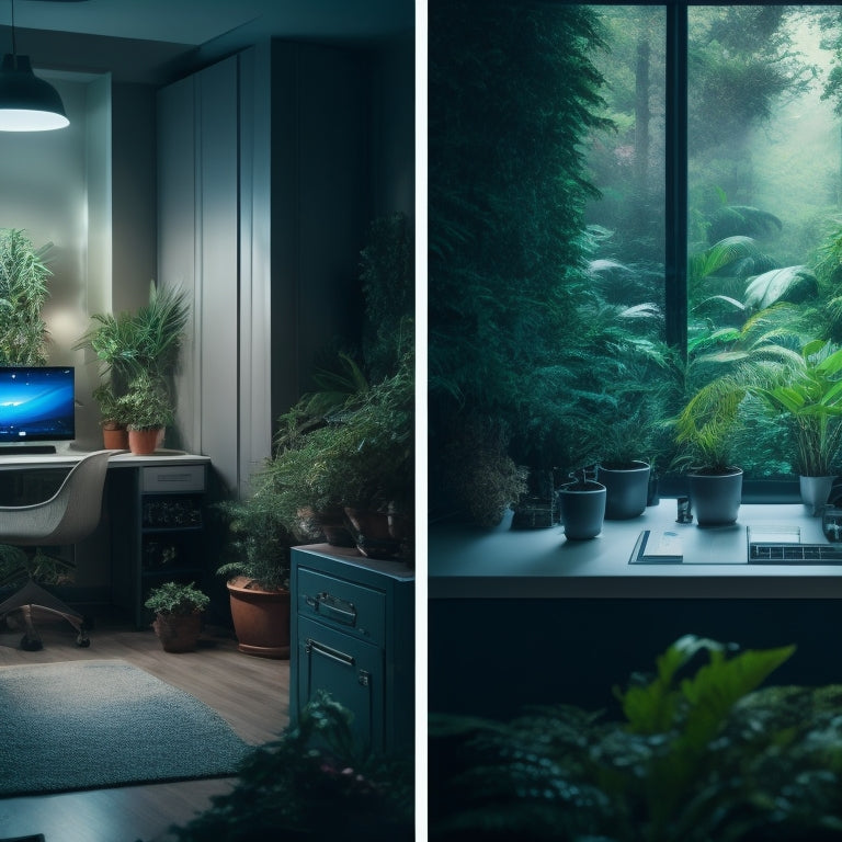 A split-screen image featuring a dimly lit, cluttered room with outdated switches on the left, and a bright, modern space with sleek, futuristic intelligent switches on the right, surrounded by lush greenery.