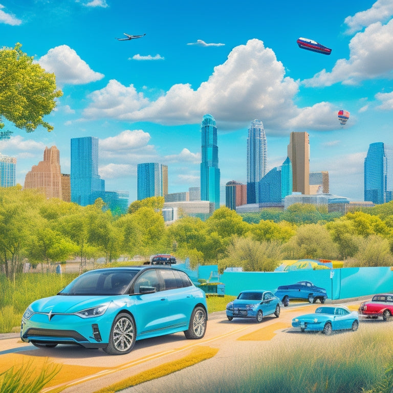 A stylized illustration of the Austin cityscape with electric vehicles (EVs) of different models and colors zipping by, surrounded by greenery and vibrant street art, under a bright blue sky with fluffy white clouds.