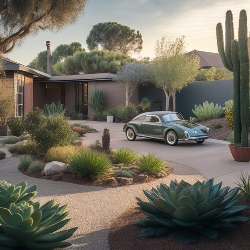 A serene backyard scene featuring a sleek electric vehicle parked beside a lush, drought-tolerant garden with succulents, gravel pathways, and a small, solar-powered water feature.