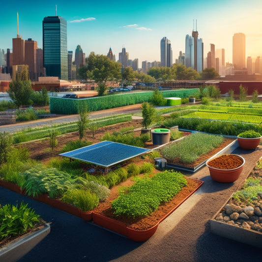 An illustration of a thriving urban farm with a drip irrigation system, rainwater harvesting tank, mulched soil, and a smart weather station, set against a sunny cityscape backdrop.