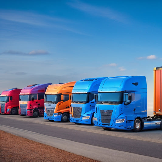 An illustration of a fleet of semi-trucks in various colors, with sleek, modern designs, parked in a diagonal line, with hydrogen fuel cell tanks and "Nikola" logos prominently displayed.