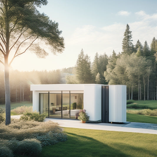 A serene modern home surrounded by lush greenery, with subtle steam rising from discreetly placed geothermal pipes, and a sleek, minimalist heat pump unit in the background, set against a bright blue sky.