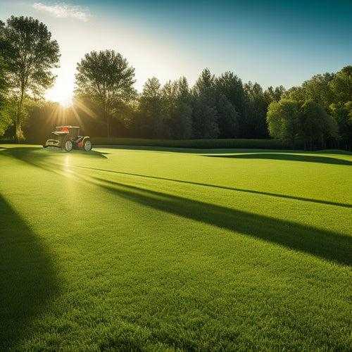 A serene, sun-drenched landscape with a sprawling lawn featuring a robust electric mower effortlessly gliding across the lush green grass, leaving a precise, manicured trail behind.