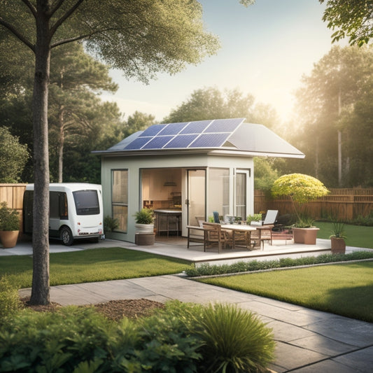A serene backyard scene with a solar panel array on the roof, a sleek electric vehicle charging station, and a few modern appliances, including a refrigerator, washer, and dryer, surrounded by lush greenery.