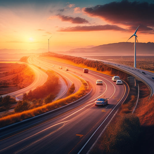 An illustration of a stylized American highway at sunset, with electric vehicles zooming by, charging stations and wind turbines lining the road, amidst a backdrop of city skylines and rolling hills.