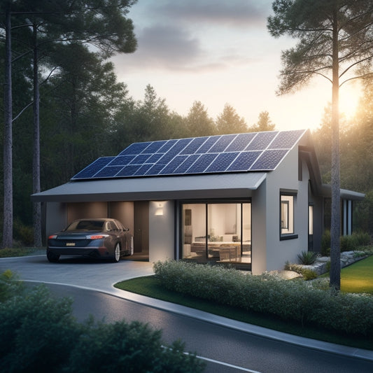 A serene, modern home with solar panels on the roof, surrounded by lush greenery, with a sleek, compact battery system in the garage, illuminated by soft, warm lighting.