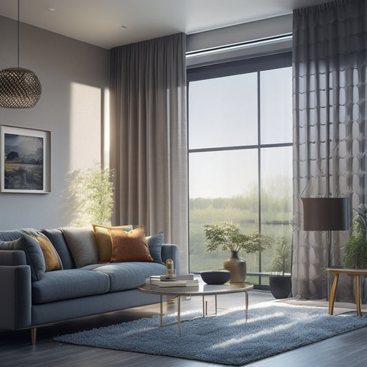 A modern living room with floor-to-ceiling windows, solar-optimized curtains in a light-blocking honeycomb pattern, and a thermometer in the corner showing a lowered temperature.
