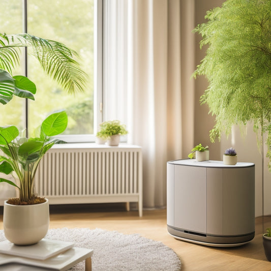 A serene, minimalist living room with a sleek smart air purifier on a side table, surrounded by lush green plants, soft natural light, and a subtle background of circuitry patterns.