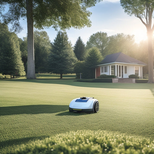 A serene suburban lawn with a few trees, a sunny sky, and a small, sleek, silver robotic mower with solar panels on its back, effortlessly gliding across the lush green grass.