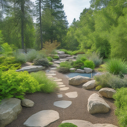 A serene backyard oasis featuring a meandering stone pathway, lush native plants, and a rainwater harvesting system, surrounded by a mix of deciduous and evergreen trees under a sunny blue sky.