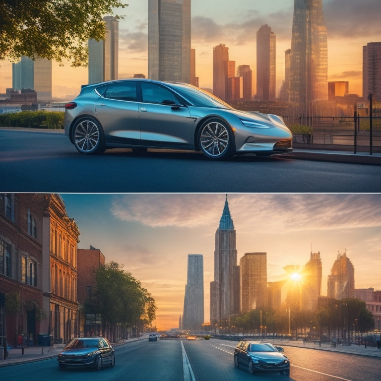 A split-screen image featuring a sleek, silver electric vehicle on a city street at sunset, with a green leafy background on one side and a cityscape with smokestacks on the other.