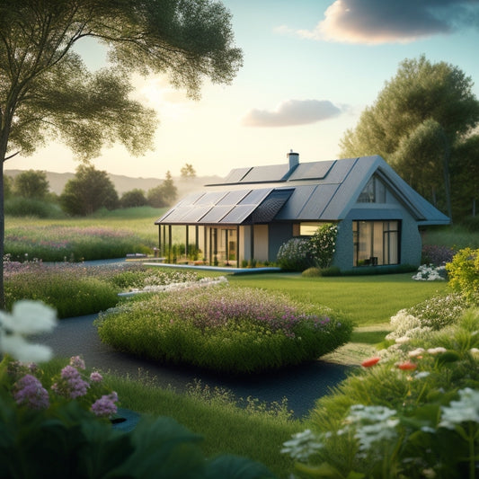 A serene, eco-friendly home with a lush green roof, solar panels, and a rainwater harvesting system, surrounded by blooming flowers and a subtle, hazy blue sky with a few wispy clouds.