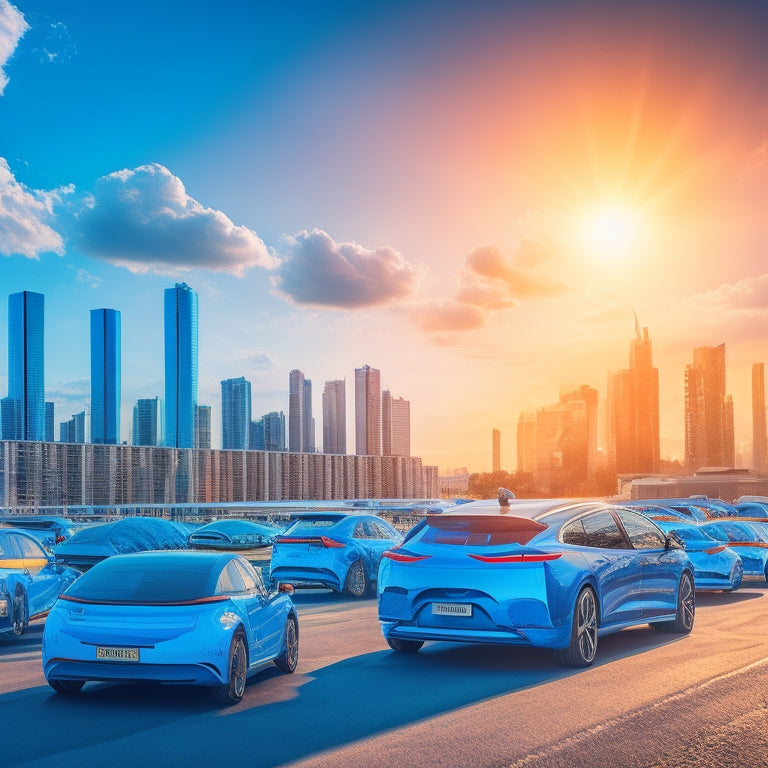 A futuristic cityscape with sleek, electric vehicles parked in a row, each with a glowing charging cable plugged in, set against a bright blue sky with wispy clouds.