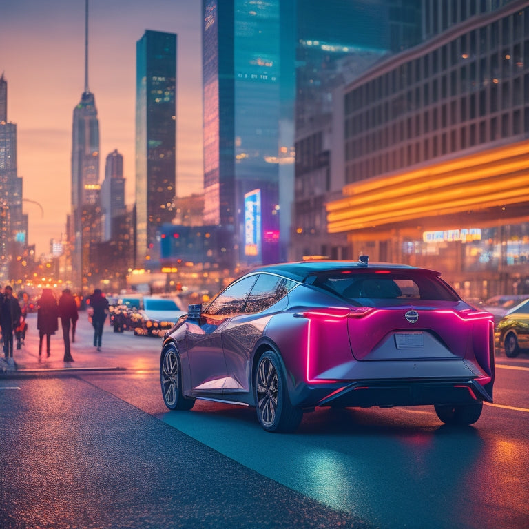 A futuristic, sleek, and modern cityscape at dusk, featuring a Nissan EV in the foreground, with neon lights reflecting off its metallic surface, surrounded by blurred pedestrians and blurred city lights.