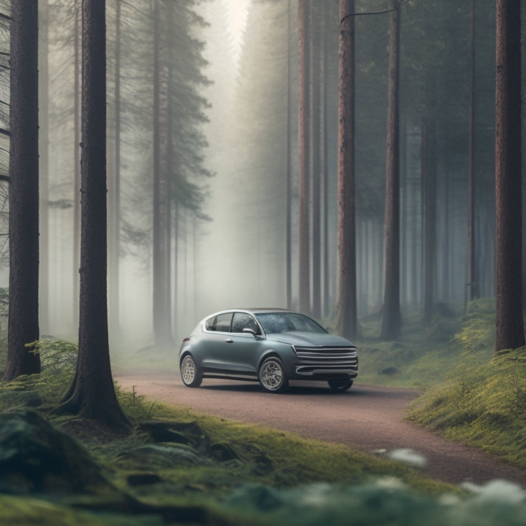 A serene, misty forest backdrop with a subtle, eco-friendly color palette, featuring a stylized, minimalist illustration of a car's outline, composed of recycled and sustainable vehicle parts.