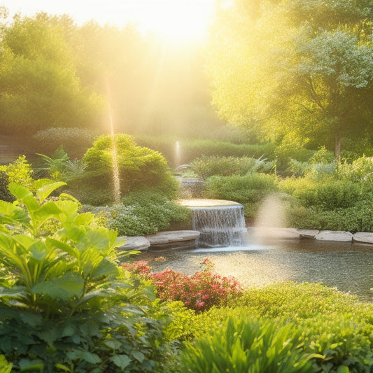 A serene, sun-drenched garden with lush greenery, vibrant flowers, and a subtle mist of water droplets suspended in mid-air, surrounded by sleek, modern irrigation systems and sensors.