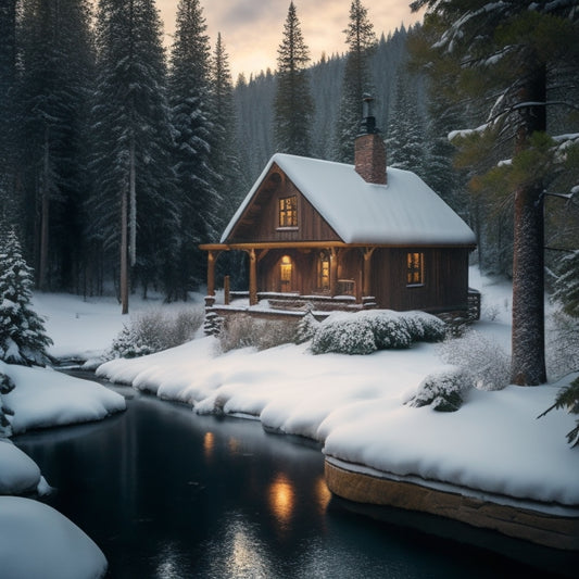 A serene, snow-covered cabin nestled among evergreen trees, with steam rising from the chimney, surrounded by a lush green meadow and a babbling brook in the background.