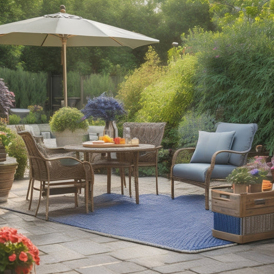 A sunny backyard patio scene with a cordless pressure washer, a clean outdoor furniture set, and a few spruced-up potted plants, surrounded by a sparkling clean deck and a faint water mist effect.