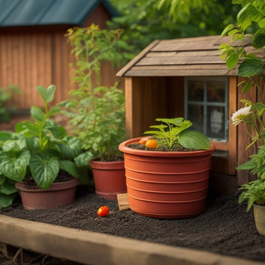 A miniature wooden compost bin with a small footprint, surrounded by lush greenery and a few cherry tomatoes, sits against a tiny house's exterior wall, with a tiny wheelbarrow nearby.