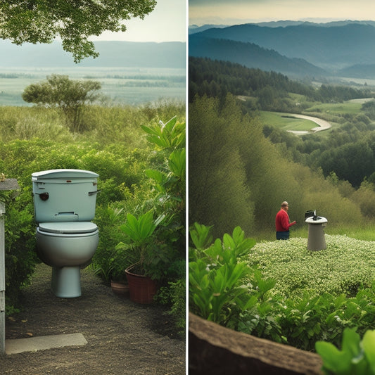 A split-screen image: a lush, green landscape with a composting toilet in the foreground, juxtaposed with a cluttered, gray cityscape with a traditional toilet and a puzzled-looking person in the background.